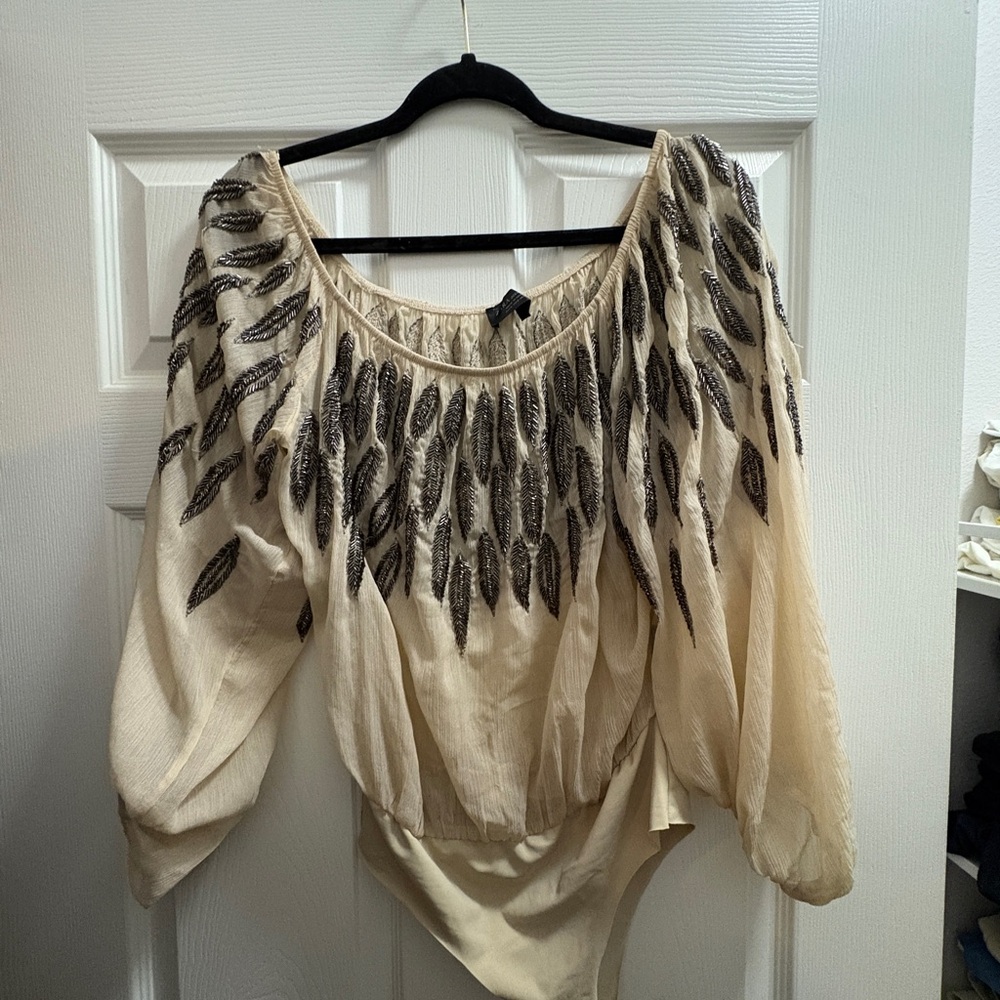 Zara Cream Embellished 3/4 Sleeve Bodysuit